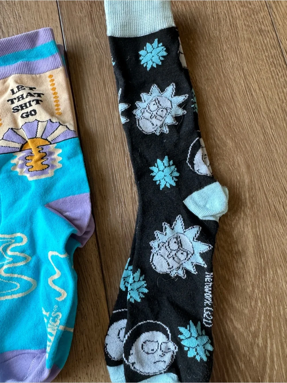 Novelty Men's Crew Socks - Turquoise & Black - Rick & Morty & Funny Print